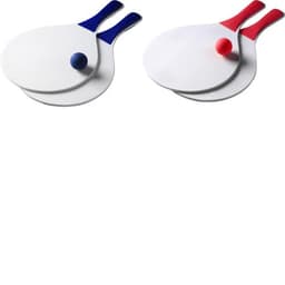 A wooden beach bat and ball set featuring red and blue paddles with a small ball. Includes two paddles.