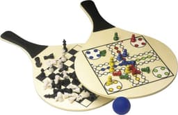 A beach ball game set featuring two paddles, a blue ball, and various coloured game pieces on a board design.