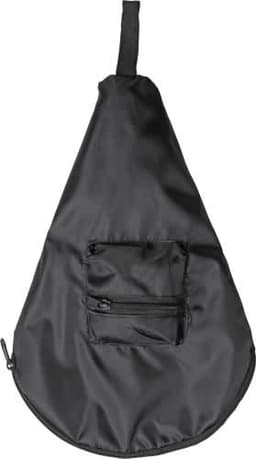 A black, teardrop-shaped bag with a small zippered pocket. The bag is designed for carrying items securely.