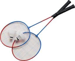 A metal badminton set featuring red and blue rackets and two shuttlecocks, with textured black grips.