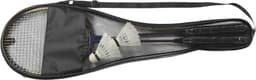 A metal badminton set in a black mesh bag, featuring two rackets and shuttlecocks.