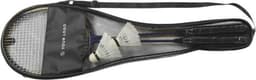 A metal badminton set featuring black rackets, shuttles, and a zippered mesh carrying case with a logo.