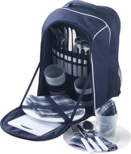 A navy blue picnic rucksack with cutlery, plates, cups, and napkins neatly organised inside. It has a branding logo.