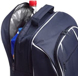 A navy polyester picnic rucksack with a drink bottle and a food container visible inside. Features a logo.