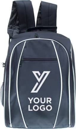 A black polyester picnic rucksack with white accents and a side mesh pocket, featuring a logo on the front.