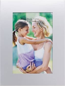 An aluminium photo frame in silver, featuring a picture of a woman and a girl smiling together.