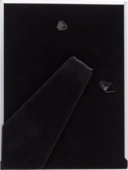 An aluminium photo frame with a black backing, featuring hooks for hanging or standing on a surface.
