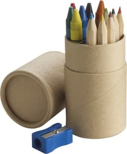 A cardboard tube containing an assortment of coloured pencils and a blue sharpener beside it.