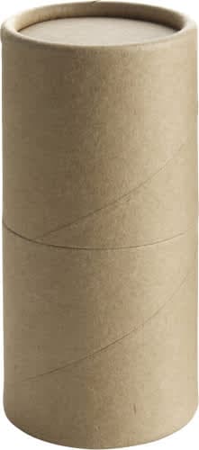 A cylindrical cardboard tube in a natural brown colour, containing coloured pencils. The tube has a simple design.