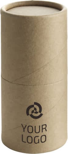 A cardboard tube containing assorted coloured pencils, featuring a logo on the side.
