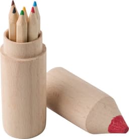 A wooden tube containing coloured pencils in red, green, blue, and yellow, with a removable lid.
