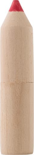 A wooden tube that contains coloured pencils, with a prominent red pencil tip at the top.