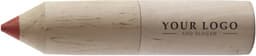 A wooden tube containing coloured pencils with a red pencil visible and a logo printed on the side.
