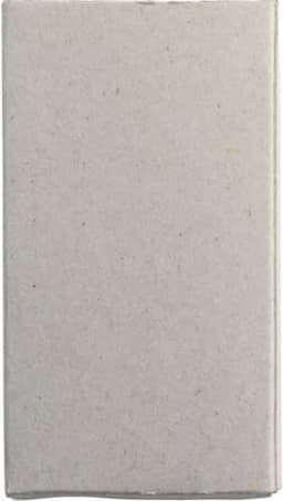 A plain grey cardboard box containing an assortment of crayons, with a logo on the side.