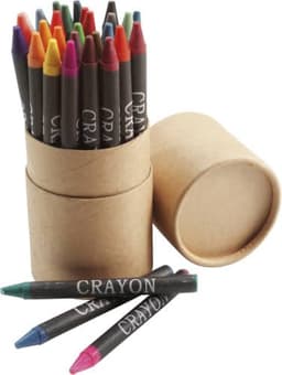 A cardboard tube holds colourful crayons, with a few scattered on the surface. The tube has a simple design.