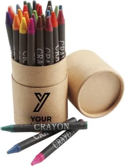 A cardboard tube containing assorted crayons in various colours, with a few crayons placed beside the tube.