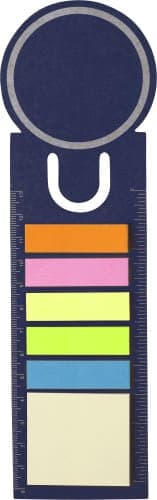A navy cardboard bookmark with a circular top and multiple sticky note tabs in orange, pink, yellow, green, and blue.