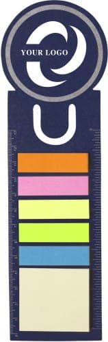 A cardboard bookmark featuring multiple sticky note sections in orange, pink, yellow, green, and white, with a circular logo at the top.