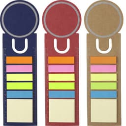 Three cardboard bookmarks in navy, red, and brown, featuring various sticky note colours and a ruler design.