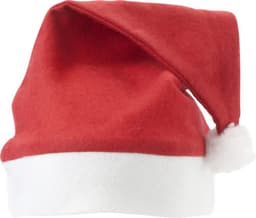 A red Christmas hat with a white fur trim and a pointed top, featuring a fluffy white pom-pom.