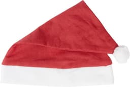 A red Christmas hat with a white brim and a pom-pom on the tip, featuring a brand logo.