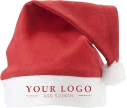 A red Christmas hat with a white fur trim and a pom-pom, featuring a logo on the band.