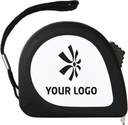 A black and white ABS tape measure featuring a logo and a wrist strap.