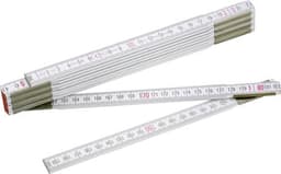 A wooden foldable ruler with white markings and red ends, displayed in an open position with segments visible.