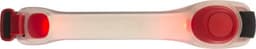 A silicone arm strap in translucent white with red accents, featuring a logo and illuminated sections.