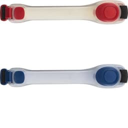 A silicone arm strap in clear with red and blue buttons, featuring a black adjustable strap. It has a logo.