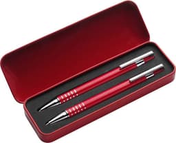 A red aluminium writing set featuring two metal pens in a matching red case with a black interior.