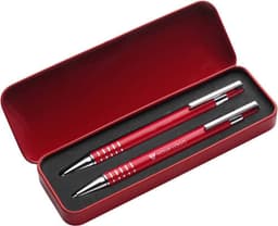 A red aluminium writing set featuring two metal pens in a sleek, red case with a branded logo.