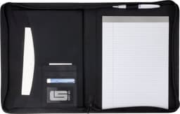 A4 PVC zipped folder in black with a notepad, pen, card pockets, and a clear sleeve for documents.