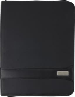 A4 PVC zipped folder in black with a smooth finish and a branding logo on the front.