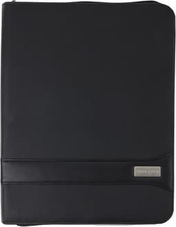 A4 PVC zipped folder in black, featuring a smooth finish and a branded logo on the front.