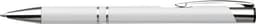 A white aluminium ballpen with chrome accents and a clip, featuring a logo.