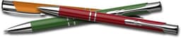 A collection of three aluminium ballpens in red, green, and orange, featuring silver accents and branding.
