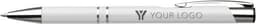 A silver and white aluminium ballpen featuring a logo on the side. Ideal for writing purposes.
