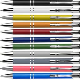 A collection of Aluminium ballpens in various colours, featuring silver accents and clips. Each pen has a polished finish.