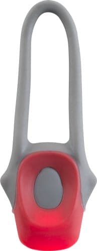 A plastic and silicone bicycle light in red and grey, featuring a simple design and a visible logo.