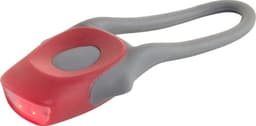 A red and grey plastic and silicone bicycle light with a curved design and two lights. It features a logo.
