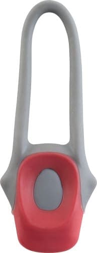 A plastic and silicone bicycle light in grey and red, featuring a looped handle and a rounded light section.
