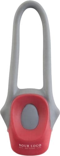 A plastic and silicone bicycle light in red and grey, featuring a prominent logo on the body.