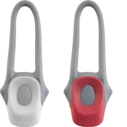 A plastic and silicone bicycle light in grey with red and white options, featuring a protruding button and a loop for attachment.