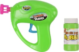 A bright green plastic bubble gun with a pink nozzle, accompanied by a bottle of bubble solution.
