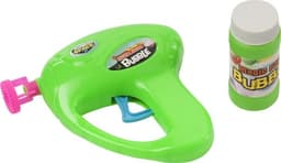 A green plastic bubble gun with a pink tip, alongside a bottle of bubble solution. Features a logo.