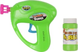 A bright green plastic bubble gun with a pink nozzle and a bottle of bubble solution beside it.