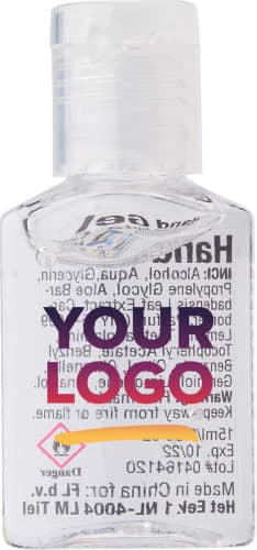 A clear hand cleansing gel bottle with a flip-top cap, featuring a logo and various labels in small print.