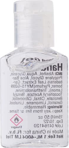 A clear bottle of PET hand cleansing gel, featuring a flip-top cap and a logo. The gel is transparent and has a light texture.