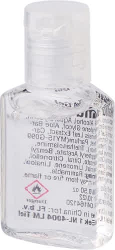 A clear bottle of PET hand cleansing gel with a white flip-top cap, featuring a logo on the front.